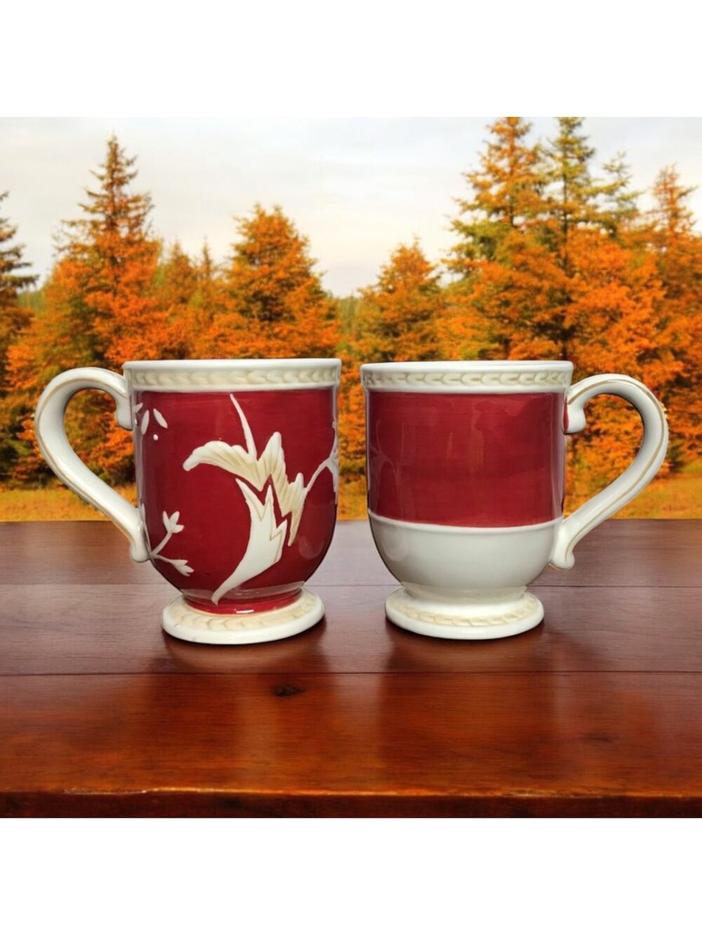 Fitz and Floyd Set of 2 Town & Country Red and White Ceramic Coffee Mugs